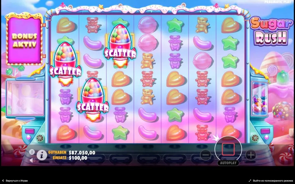3 scatters activeren 10 free spins in de Sugar Rush slot