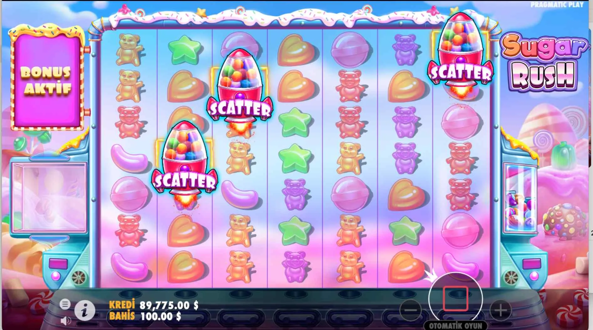 Freespins round in Sugar Rush slot Three symbols on the screen that activates the bonus mode.